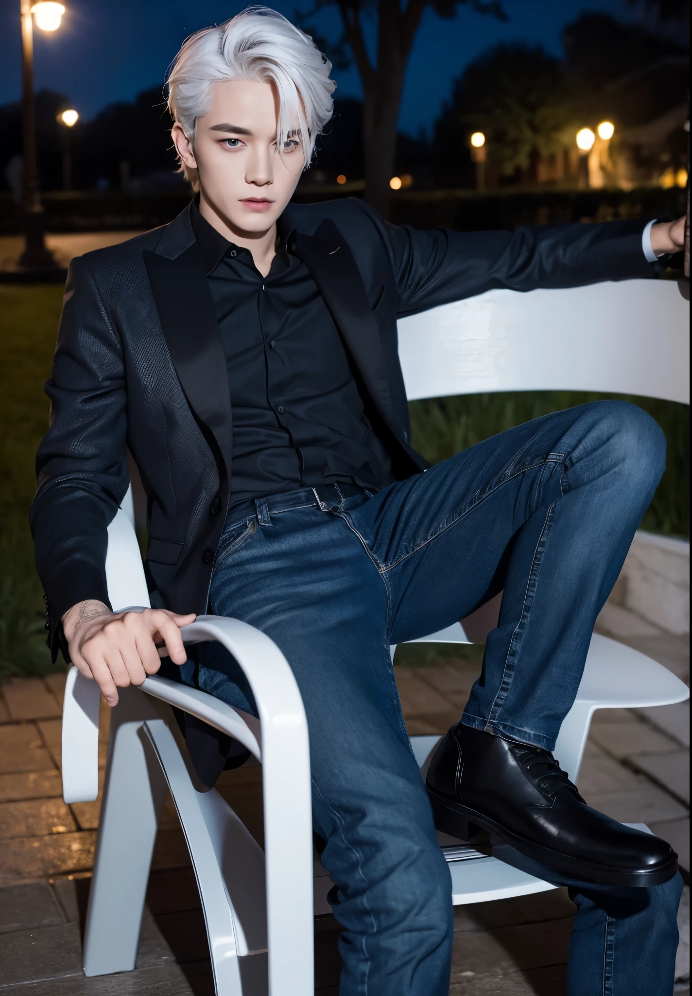 Man, white hair, handsome face, cool expression, black suit, jeans, sitting on a park chair, at night