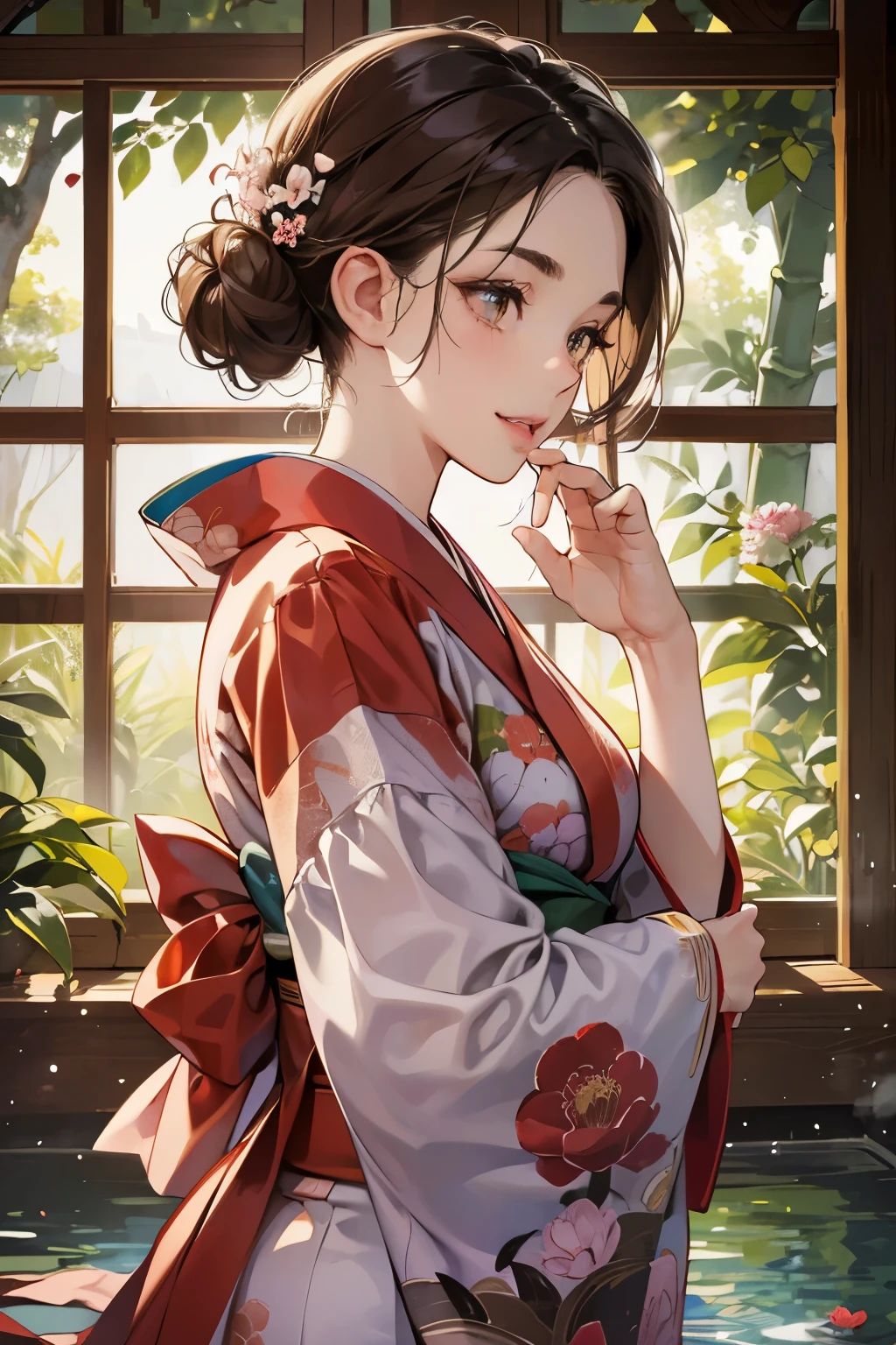 (masutepiece, Digital Art, Digital Illustration, 4K, 8K, Ultra-detailed, beautiful image, Sharp Image, Photorealistic, Raw photo, Perfect face, Perfect lines, Perfect eyes, Soft lighting) 1 woman, (lightbrown hair,Chignon hair in a high position,Innocent look,Lowered eyebrows,drooping eyebrows,drooing eyes,cute large eyes,natural make up,kindly smile,Round jaws,23 y-o woman:1.3),スーツ姿のハンサムなember性2人, (ember,ember性はスーツ姿,well-muscled,Firm shoulder width, emberの,Boyish hairstyle,English gentlemanly style,クールな表情の30代ember性,明るい笑顔の28歳ember性:1.2),(Nervous,be shy,sleepy,embarrassed from:1.2),innocent smiles,(embarrassed from,Shy smile:1.1),Deep in the forest、hideout、Hot Spring Ryokan、Japan Traditional Night Kimono,Kimono with red peony pattern isolated on white background、Floral hair ornament,raise arms,Walk,appearance、bamboo forest garden、outdoor bath、the kiss、a couple、a couplethe kiss、Romance、the kiss、Take off your kimono and soak in the hot spring