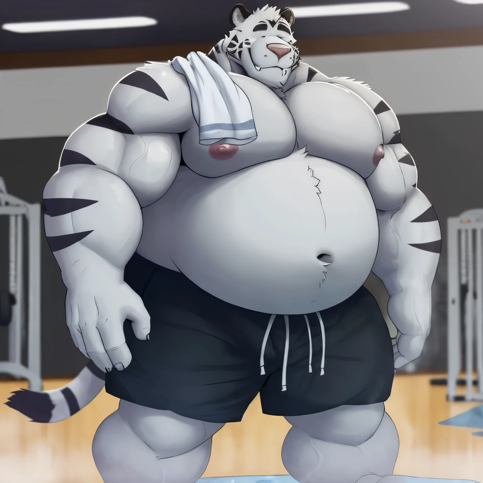 axel cosmas , solo, towel on shoulder,black shorts plump, huge, gym background, nipples, big fat belly, big ass, eyes shut, standing, 5 fingers, musclegut body, lineart, normal eyes, wet body, macro body, massive body, huge pecs, very wide