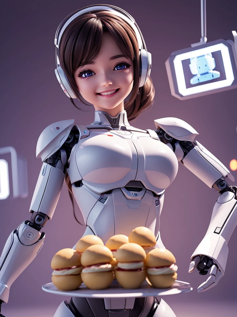 Advanced design, perfect proportions, take-out smiles are cuter, 3D robot holds meals, ultra-realistic, very detailed, cute and dreamy, advanced technology,Futuristic ultra high definition depth of field cinematic lighting effects fantasy art and happy atmosphere