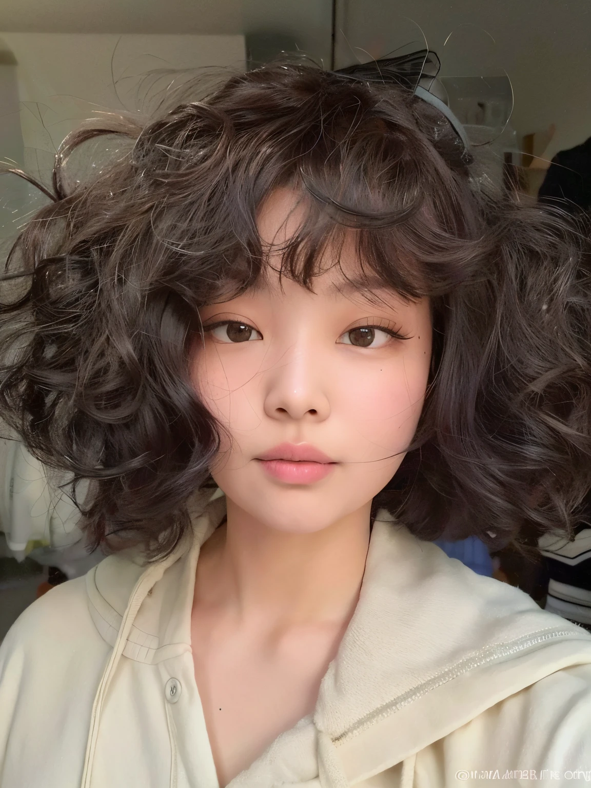 curvy woman with messy haircut and hooded sweatshirt, franja encaracolado, franja fofa, com cabelos curtos, com cabelos curtos com franja, curly middle part haircut, (cabelos cacheados escuros e curtos), neat hair com franja, branco hime corte penteado, messy curly hair, south east asian with round face, cabelos cacheados e curtos, franja encaracolado and ponytail, com franja