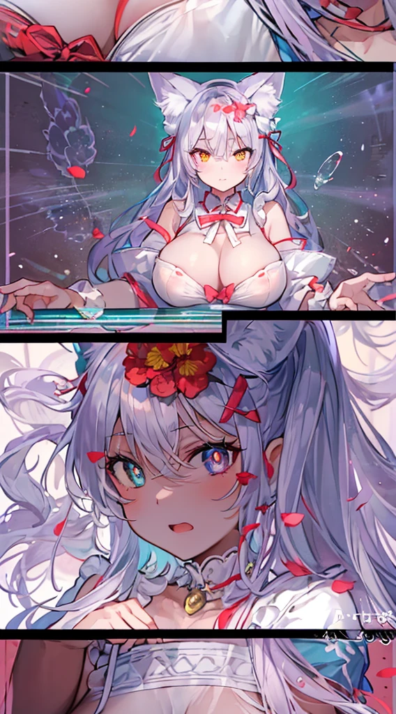 ((masterpiece, maximum quality, ultra quality, ultra high quality, maximum detail, well defined, 8k)), nsfw, 1 girl, ((detailed eyes)), ((bright pupils, heterochromatic pupils, right blue, left red )), long white hair, white cat ears, ((maid)), ((breasts visible, huge breasts, breasts exposed, nipples visible, topless)), serious expression, thong, looking at viewer, hands behind the back.