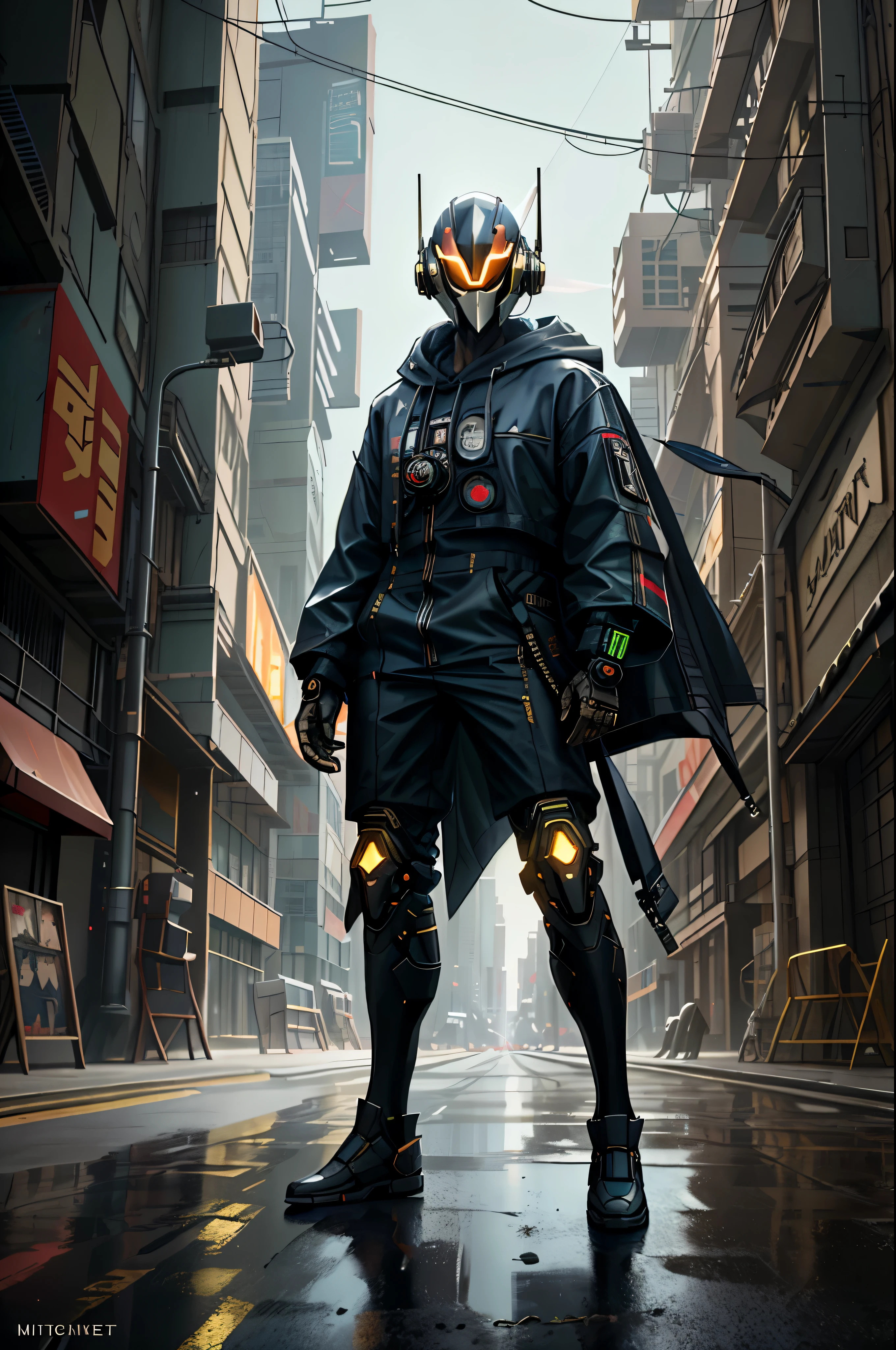 (masterpiece, full-body shot, intrincate raw photography)cyberpunk citizen in samurai pineapple pattern oversize hoodie, anime, rocketeer, daftpunk style helmet, neon light details, intrincate, futuristic,sharp, accurate focus, random pose, cyberpunk city, street neon lights, insta pic, photo of the year, cinema4d, dramatic, lights and shadows, natron, substance, maya, octane render,