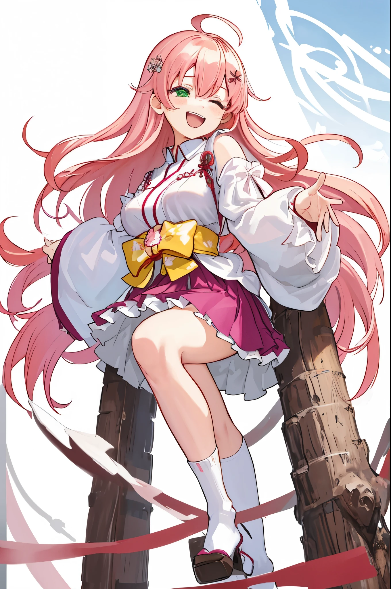 masterpiece, best quality, highres, sakura_miko, 1girl, (loli:1.3),medium_breasts, kimono, solo, ahoge, x_hair_ornament, pink_hair, floral print, hairclip,(side_less_clothes:1.3), (side_breasts:1.3), hair_bell, floral print, long_hair, hair between eyes, one side up, white_thighhighs, wide sleeves, open_mouth,(happy:1.3),green_eyes,smile,apart_legs,(overly_long_sleeves:1.3),),sleeves_past_wrists,hands_hidden_sleeves,sidelock_clothes,solo,hidden_wrists,(XD:1.5),covered_nipples,sunlight,(bare_flank:1.3),boots,open_mouth,kimono,close_eyes,.