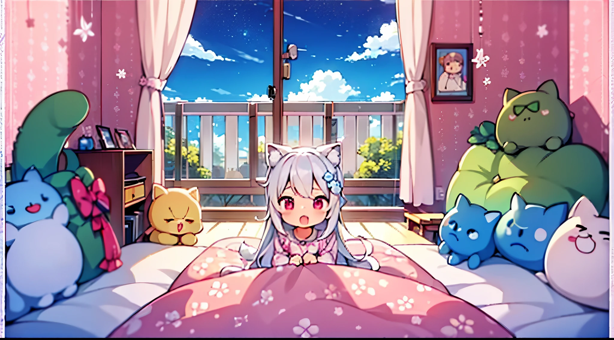 anime scene of a cute maid wearing pijama, girl sitting in a bed, girl is yawning, with a lot of stuffed animals, pink eyes, pink 2 tail hairs, background is morning blue sky, still little dark, sun go up, blue sky, sun go up, lightly soft light of morning through window, bedrooms with pink and white color, blanket is pink with cute drawing on it, nekomimi, ig studios anime style, cyber school girl, anime moe artstyle, digital anime illustration, holo is a wolf girl, catgirl, maplestory mouse, nightcore, anime cat, pixiv style