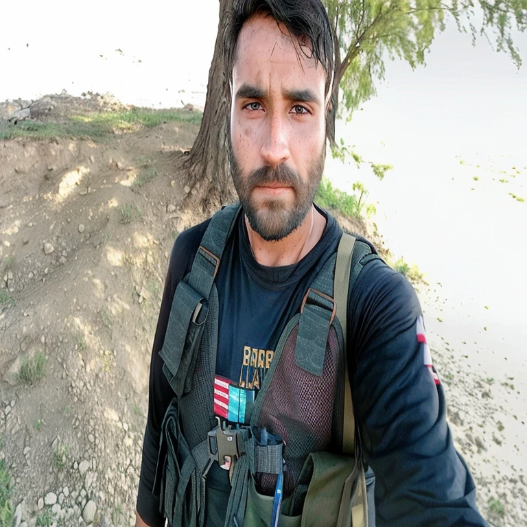 there is a man that is standing in the dirt with a backpack, rugged soldier, without helmet, by Riza Abbasi, very clear picture, portrait of a rugged warrior, very very low quality picture, 8k selfie photograph, ash thorp khyzyl saleem, with rifle, khyzyl saleem, kyza saleem