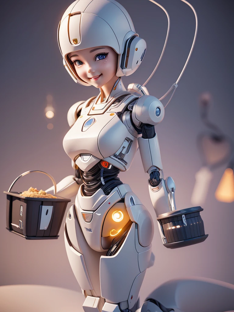 Advanced design, perfect proportions, take-out smiles are cuter, 3D robot holds meals, ultra-realistic, very detailed, cute and dreamy, advanced technology,Futuristic ultra high definition depth of field cinematic lighting effects fantasy art and happy atmosphere