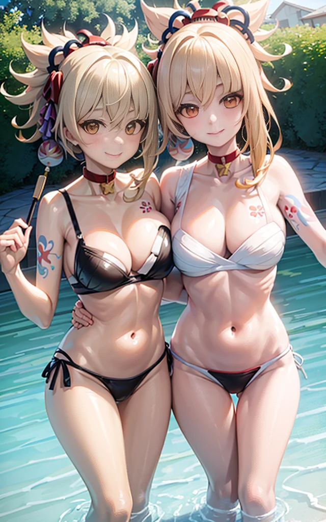 2 girls Blushing smiles of female twins in bathtub with water,Show your belly button, vivd colour,Natural lighting best quality big breast