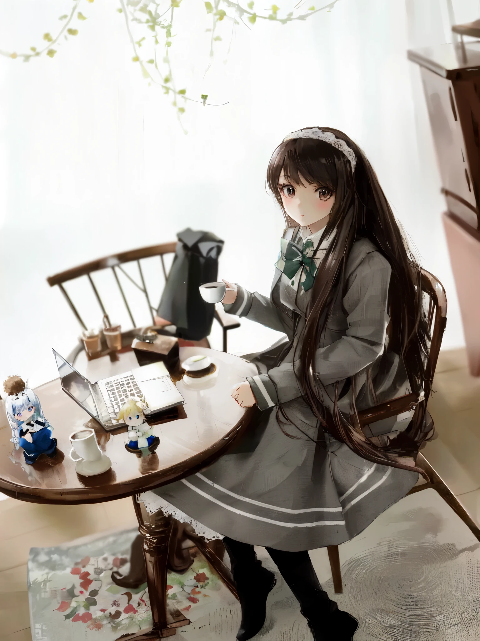 doll sitting at a table with a cup of coffee and a laptop, dollfie dream, hyperrealistic schoolgirl, mysterious coffee shop girl, a hyperrealistic schoolgirl, full body 1 / 6 nihei tsutomu, realistic schoolgirl, ball jointed doll, cyber school girl, sitting in a cafe alone, sitting on a mocha-colored table, anime barbie doll