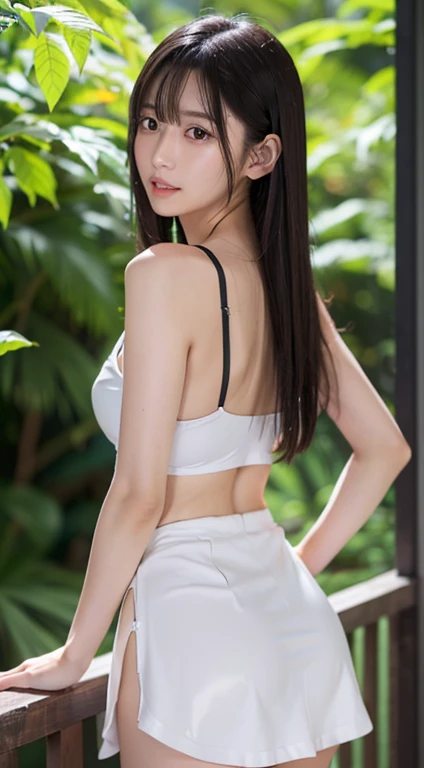 (Stand legs slightly apart and put hands on the hips:1.2), (Upper body slouch:1.2), Sayuri, (Sayuri's face: 1.5), gentle smile, clear white skin, transparency, soft skin, long black hair, loose curls, after bathing, ((in the middle of wearing white panties: 1.8)), (anteflexion in standing:1.8), stoop, bend forward, lean forward,  (from behind:1.8)