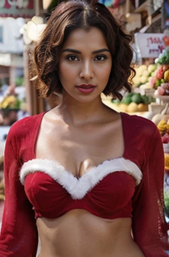 beautiful gorgeous glorious bollywood actress, standing in market, in santa outfit, pretty face, beautiful glorious face, very fine face details, bright eyes, red lipstick, thin nose, burgundy hair, bob cut, curls, natural round breast, perfect body, 4K details, ultra high resolution, skin fine details, photoshoot in santa clouse get up