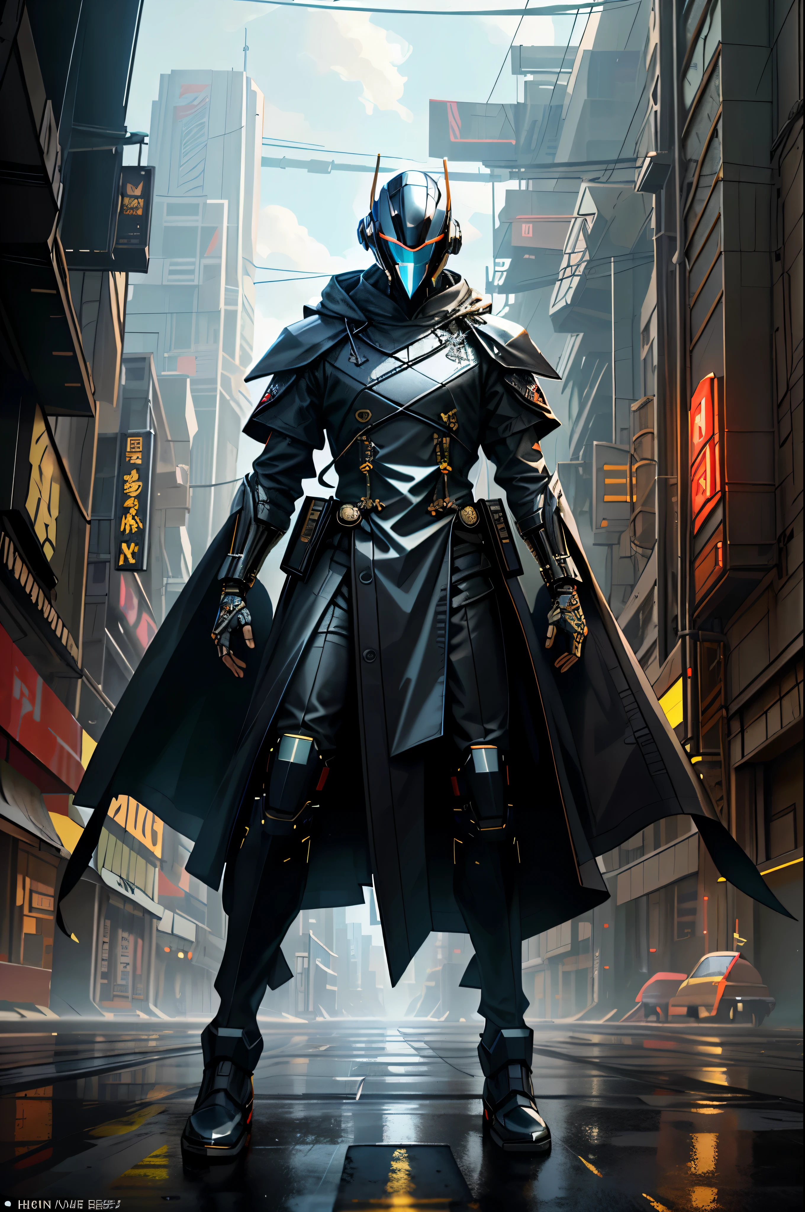 (masterpiece, full-body shot, intrincate raw photography)cyberpunk citizen in samurai pineapple pattern oversize black jacket, anime, rocketeer, daftpunk evil style helmet, blue neon light details, intrincate, futuristic,sharp, accurate focus, random pose, cyberpunk city, street neon lights, insta pic, photo of the year, cinema4d, dramatic, lights and shadows, natron, substance, maya, octane render, holding samurai
