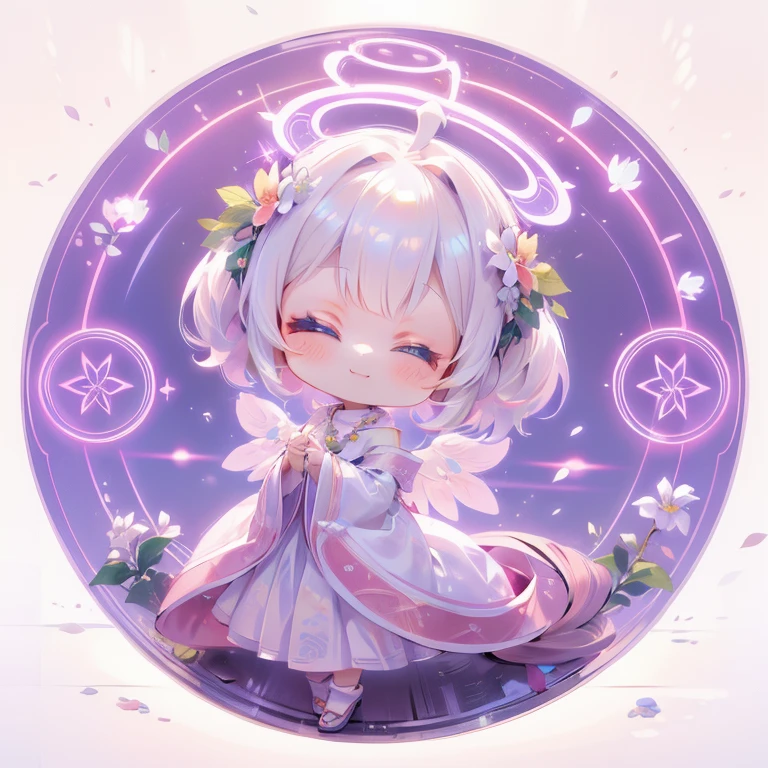 (((On the table))), Best quality at best, The is very detailed, Iridescent, light glow, Japanese cartoon, (Frontal view:1.5), (Put your hands together), (Angel costume), (White dress), (The halo:1.2), (angel wing:1.2), (corolla), ( Flower necklace), (White double ponytail:1.10), With his eyes closed, (((Girl vs))), (((Alone))), Archaic Smile, full bodyesbian, ahoge, (((Deformed))), (((《tchibi》The character))), (white backgrounid), (flower magic circle), corolla,