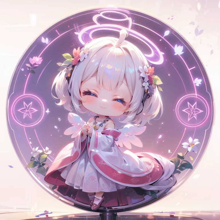(((On the table))), Best quality at best, The is very detailed, Iridescent, light glow, Japanese cartoon, (Frontal view:1.5), (Put your hands together), (Angel costume), (White dress), (The halo:1.2), (angel wing:1.2), (corolla), ( Flower necklace), (White double ponytail:1.10), With his eyes closed, (((Girl vs))), (((Alone))), Archaic Smile, full bodyesbian, ahoge, (((Deformed))), (((《tchibi》The character))), (white backgrounid), (flower magic circle), corolla,