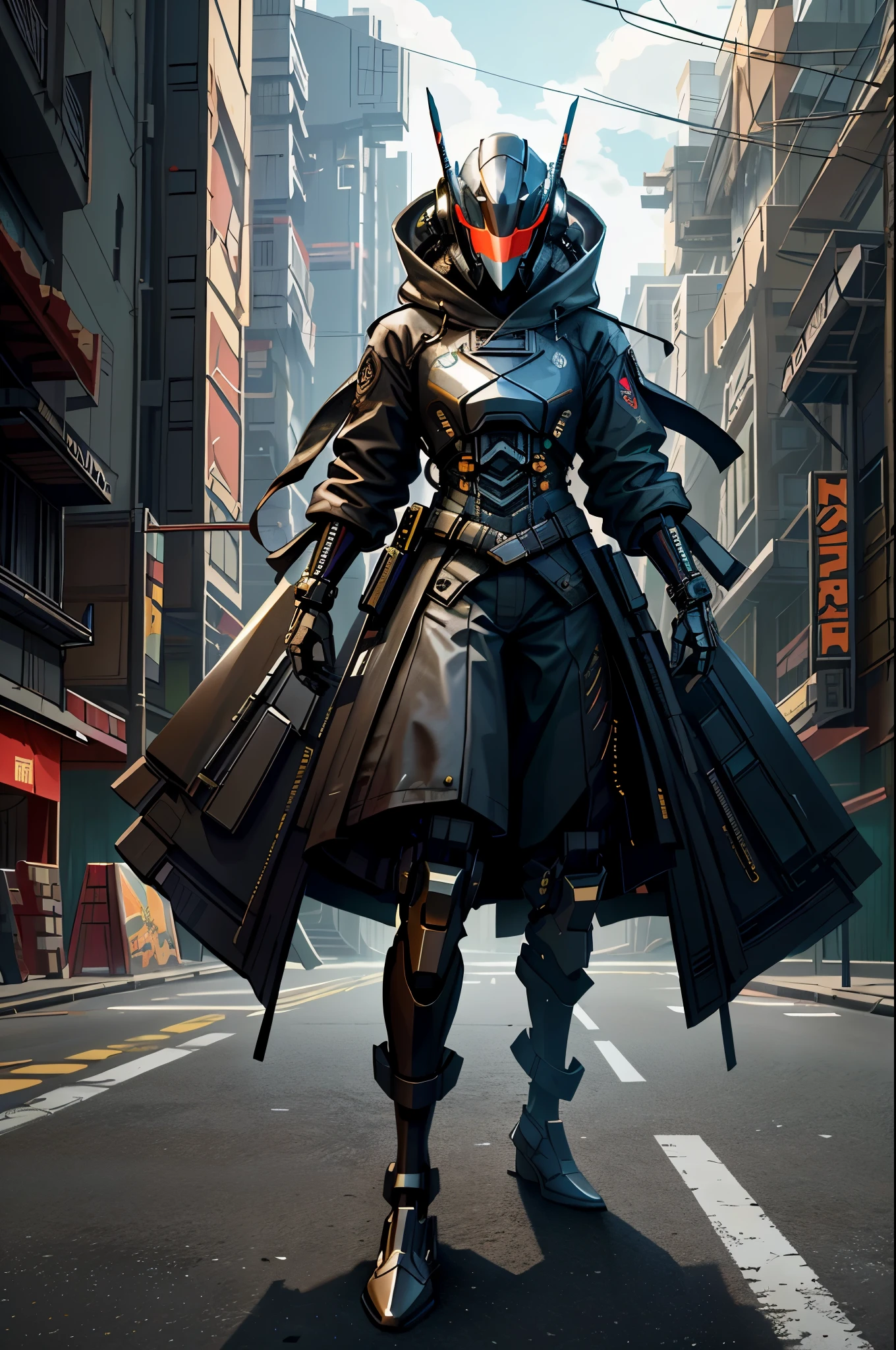 (masterpiece, full-body shot, intrincate raw photography)cyberpunk citizen in samurai pineapple pattern oversize black jacket, anime, rocketeer, daftpunk evil style helmet, blue neon light details, intrincate, futuristic,sharp, accurate focus, random pose, cyberpunk city, street neon lights, insta pic, photo of the year, cinema4d, dramatic, lights and shadows, natron, substance, maya, octane render, holding samurai