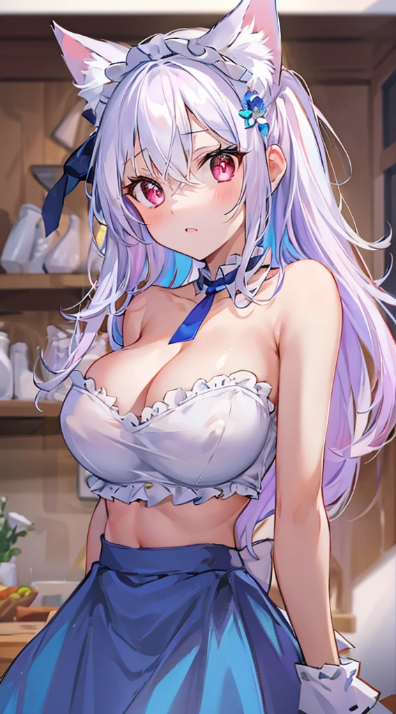 ((masterpiece, maximum quality, ultra quality, ultra high quality, maximum detail, well defined, 8k)), nsfw, 1 girl, ((detailed eyes)), ((bright pupils, heterochromatic pupils, right blue, left red )), long white hair, white cat ears, ((maid)), ((breasts visible, huge breasts, breasts exposed, nipples visible, topless)), serious expression, thong, looking at viewer, hands behind the back.
