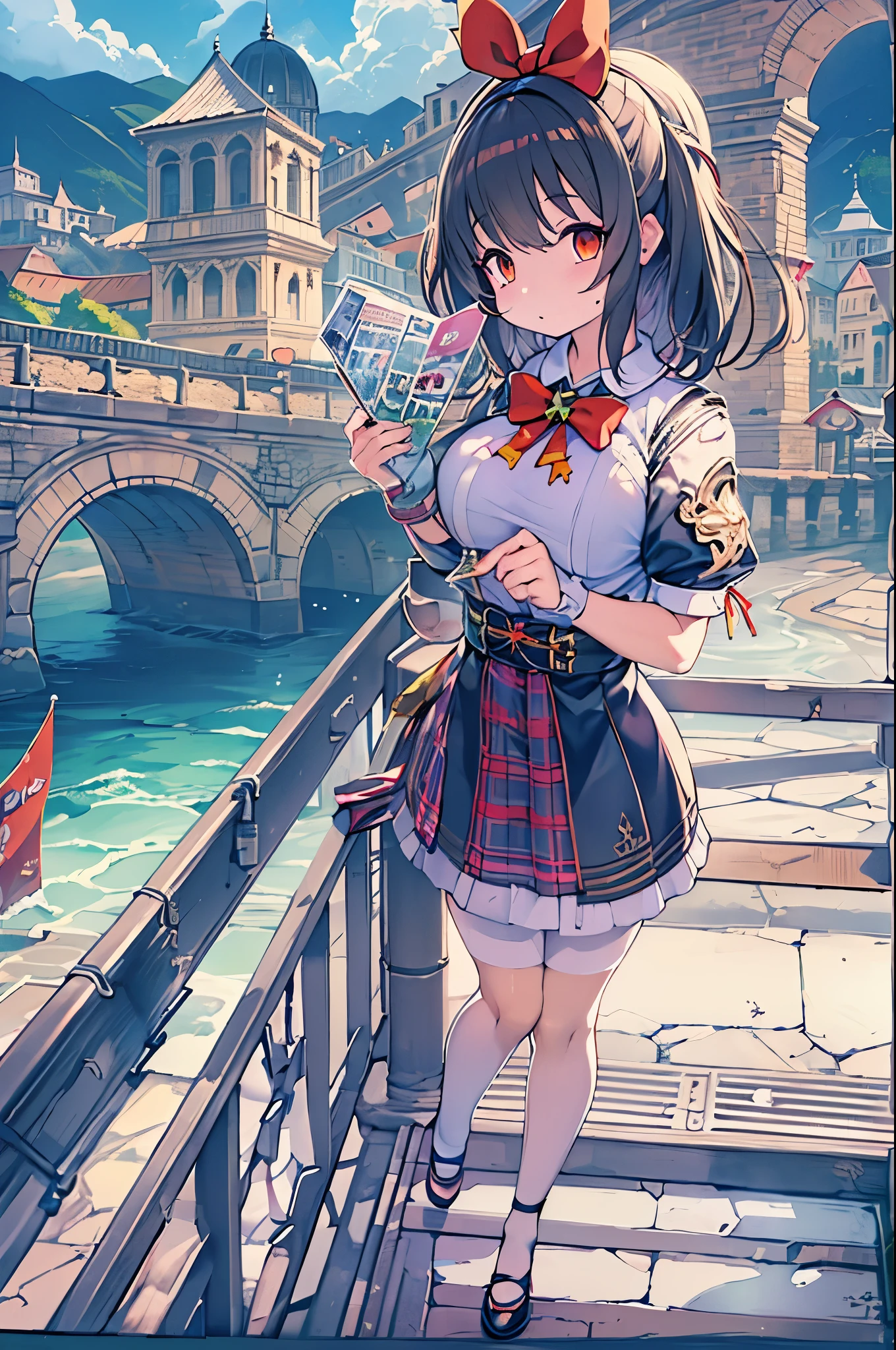 1girl in,Bangs,Black_hair,Blue_skyporn,Bridge,building,castle,city,cityscape,cloud,day,Dress,up looking_で_viewer,Outdoors,Red_neckwear,Red_bow ribbon,bow ribbon,River,Short_hair,Short_sleeves,skyporn,skypornscraper,Solo,Standing,Town,Let's see,(masutepiece,Anime,newest,new,exceptional:1.2),huge-breasted
