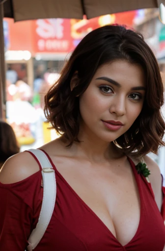 beautiful gorgeous glorious bollywood actress, standing in market, in santa outfit, pretty face, beautiful glorious face, very fine face details, bright eyes, red lipstick, thin nose, burgundy hair, bob cut, curls, natural round breast, perfect body, 4K details, ultra high resolution, skin fine details, photoshoot in santa clouse get up