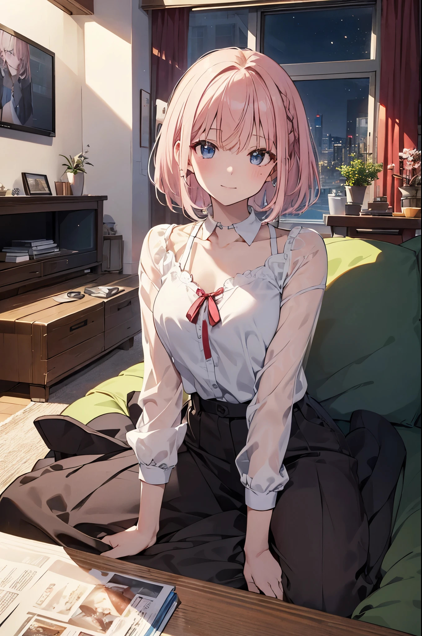 （Girl with a nasty appearance:1.3）、(Night:1.5)、(and chest:1.4)、Raw photography, top-quality, hight resolution, (​masterpiece), (Photorealsitic:1.4), (Mole under the eyes),Anime , foco nítido, nffsw, 8K分辨率, intricate detailes, depth of fields, the Extremely Detailed CG Unity 8K Wallpapers, front lit, femele,25-years old、 Happy face,(tying  hair:1.5)、see -through、(Medium short pink hair)、blue eyess,(Living room of the house:1.5)、(Sitting on the sofa:1.3)、(Full body depiction)、Drinking beer