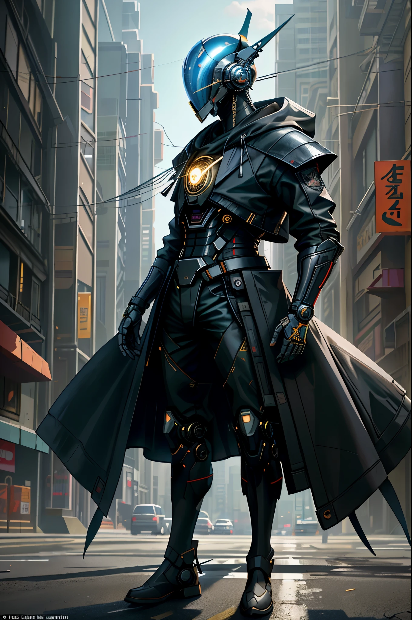 (masterpiece, full-body shot, intrincate raw photography)cyberpunk citizen in samurai pineapple pattern oversize black jacket, anime, rocketeer, daftpunk evil style helmet, blue neon light details, intrincate, futuristic,sharp, accurate focus, random pose, cyberpunk city, street neon lights, insta pic, photo of the year, cinema4d, dramatic, lights and shadows, natron, substance, maya, octane render, holding samurai