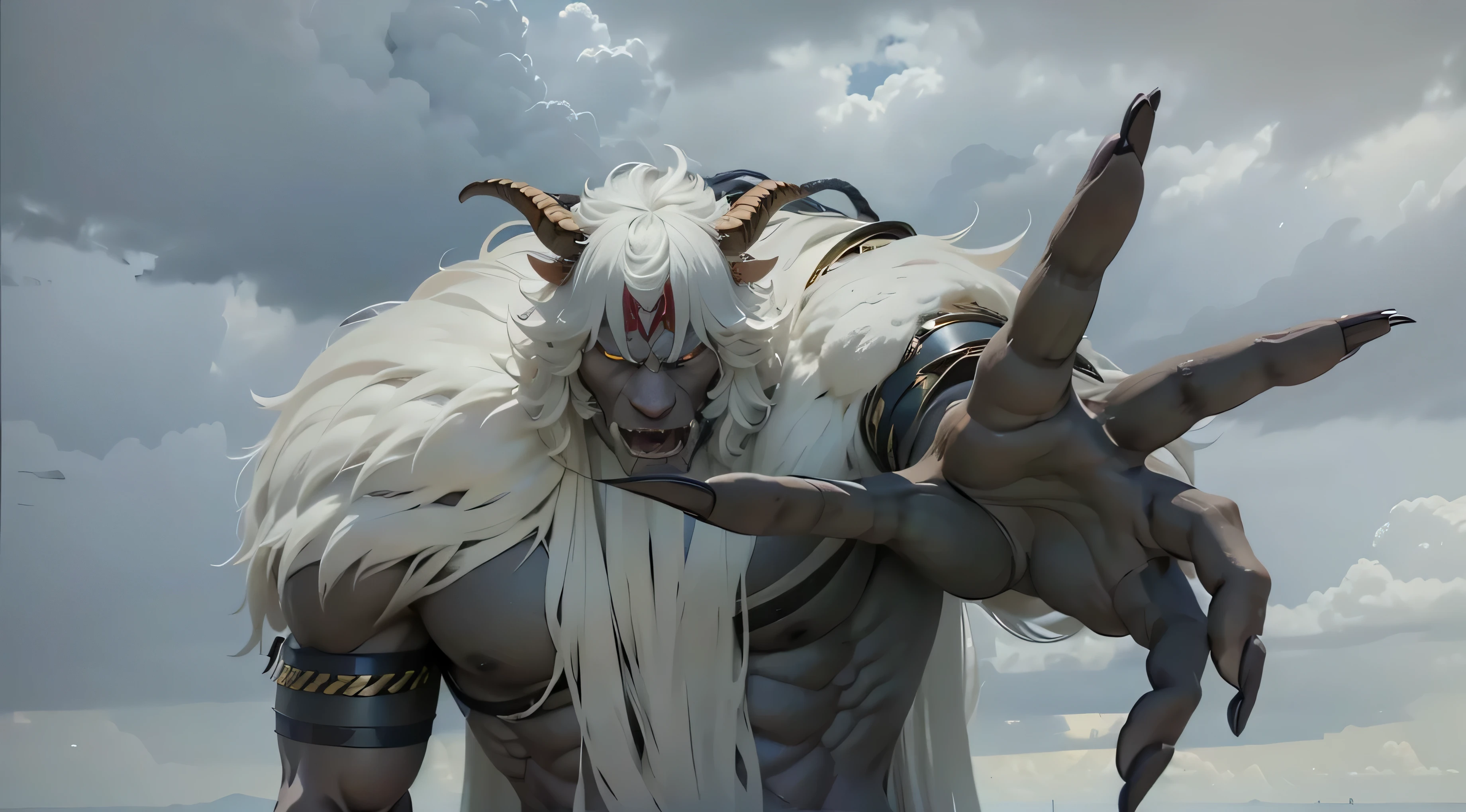 White horns on the head:1.5、musculature、The Monster、8K, Raw photo, top-quality, masterpiece: 1.2), masterpiece, super detailing, Ultra-high decomposition energy A, (Realistic and realistic photos: 1.37), high-definition RAW color photography, Very delicate and beautiful, 8Kんでウォールペーパー, astonishing, detaileds, 非常にdetailedsな目, 非常にdetailedsな肌, 非常にdetailedsな指, 非常にdetailedsな鼻, 非常にdetailedsな口, perfect anatomia
