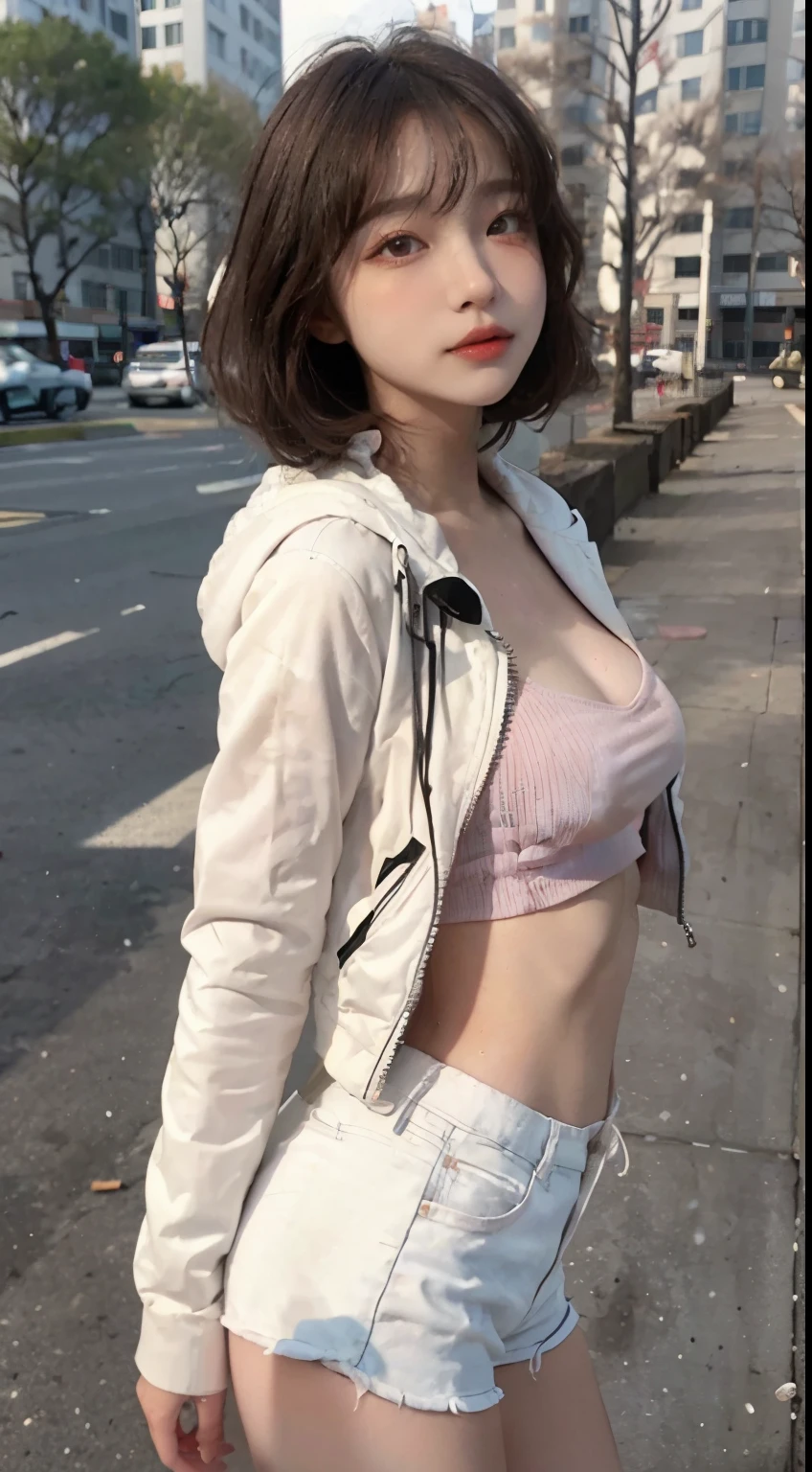 Top image quality、Raw photography、超A high resolution、21-year-old Korean、small tits、Dynamic angles、Cowboy Shots、The most beautiful forms chaos、elegent、Brutalist design、Vibrant colors、a short bob、smil、shiny white skin、Beautiful eyes with random colors、Very beautiful eyes in every detail、elongated eyes、thin lipss、pale pink blush、long eyeslashes、beautiful double eyelid、eyeshadows、beautiful white hair、a park、parka、hotpants、shot from a side angle、sexy pose