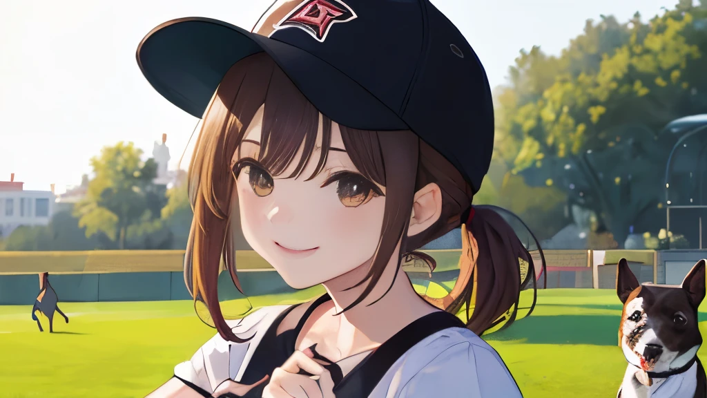 (masterpiece、top-quality:1.2), 独奏, 1girl in, piper, very smiling look at viewer, (hands on own cheeks:1.2), Brown hair, poneyTail, white t-shirts, denim, Puffy Short Sleeves, Fingerless gloves, (Brown hair, Short hair, Bangs, Black Baseball Cap),playing with the dog in the park,detailed skin,Close-up shot,is standing