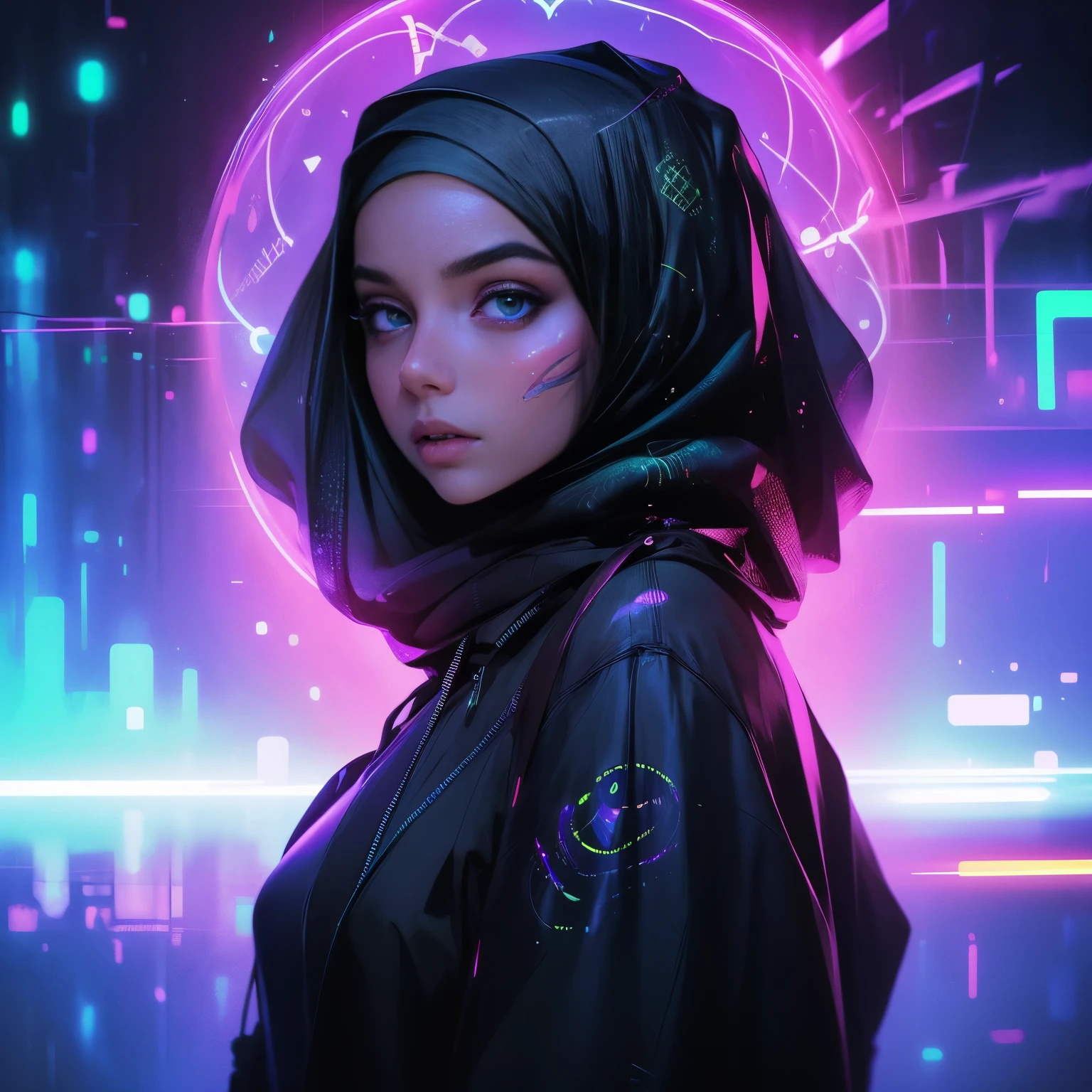 (Neon Cyberpunk Hijab: 1.5), [Style: Neon Cyberpunk: 1.3], (RAW Photos: 1.2), (Perfect Eyes: 1.5)),  (Photorealistic: 1.4), (Masterpieces: 1.3), (Best Quality: 1.4), Dreamy, (Detailed Eyes), (Detailed Facial Features), ( (8k:1.27), best quality, masterpiece, Hijab hair, ultra highres:1.2) Photo of Pretty woman (beautiful:1.1) (sci-fi woman:1.1), (Hijab cloak: 1.61) (Hijab leather Coat:1.21) intricate elegant, fantasy, detailed, ometric by greg rutkowski and alphonse mucha, gradient lighting