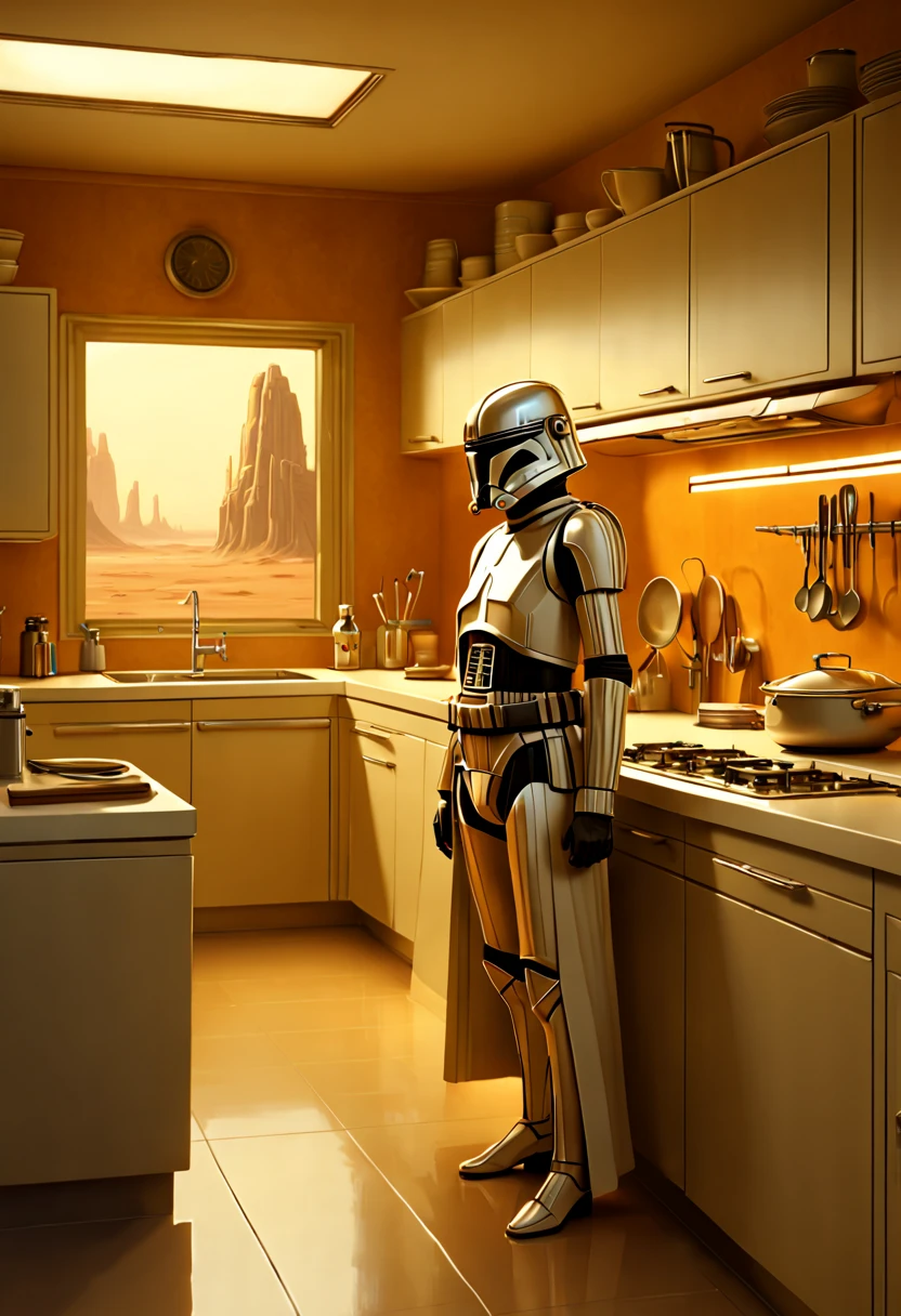 by Ralph McQuarrie, C-O in "star war", clothes, kitchen, enhance, intricate, (best quality, masterpiece, Representative work, official art, Professional, unity 8k wallpaper:1.3)