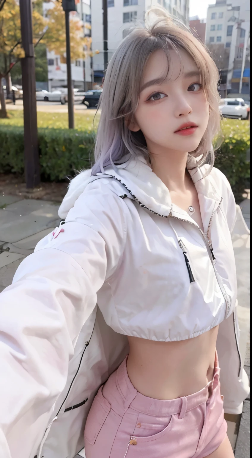 Top image quality、Raw photography、超A high resolution、21-year-old Korean、small tits、Dynamic angles、Cowboy Shots、The most beautiful forms chaos、elegent、Brutalist design、Vibrant colors、a short bob、smil、shiny white skin、Beautiful eyes with random colors、Very beautiful eyes in every detail、elongated eyes、thin lipss、pale pink blush、long eyeslashes、beautiful double eyelid、eyeshadows、beautiful white hair、a park、parka、hotpants、shot from a side angle、sexy pose