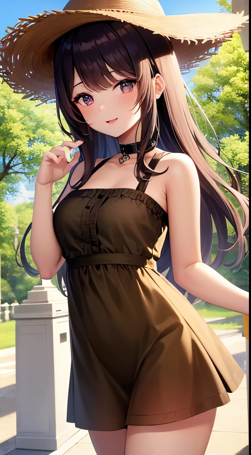 ((Obra maestra)), ((La mejor calidad)), (Ultra detallado), ((kawaii)), Cuvely), ((sexy)), (era), ((extremadamente detallado)), 4k, (8k), La mejor calidad, (Beautiful), Anime style, Dynamic Angle, Parte superior del cuerpo, brazos plegables, De color, Enfoque de cuerpo completo, Girasol, Beautiful sky, verano, una chica linda, 1girl, solamente, Vestido de una sola pieza, Beautiful light brown hair, Beautiful purple eyeeautiful eyes)), piel blanca, Cabello largo, pecho grande, Sombrero de paja, Cinta para el pelo en forma de herradura, collar, sonrisa ligera, sonrojarse, Destello de lente, Efecto viento