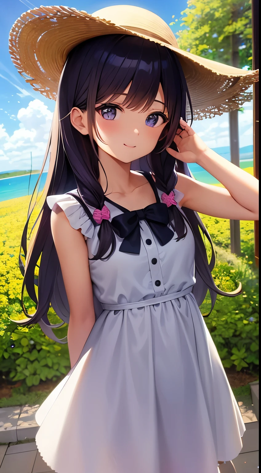((masterpiece)),(best quality),official art,extremely detailed CG,unity 8k wallpaper,ultra detailed,beautiful detailed eyes,extremely detailed face,1girl,solo,cowboy shot,looking at viewer,facing viewer,smile,standing,child,petite,shoujo ramune,sayama chie,tanlines,tan,brown hair,very long hair,x hair ornament,side swept bangs,sidelocks,yellow eyes,bare shoulders,collarbone,flat chest,one-piece tan,strap,blue shirt,polka dot shirt,yellow skirt,polka dot skirt,frilled skirt,sandals,<lora:Sayama Chie(sr)>,