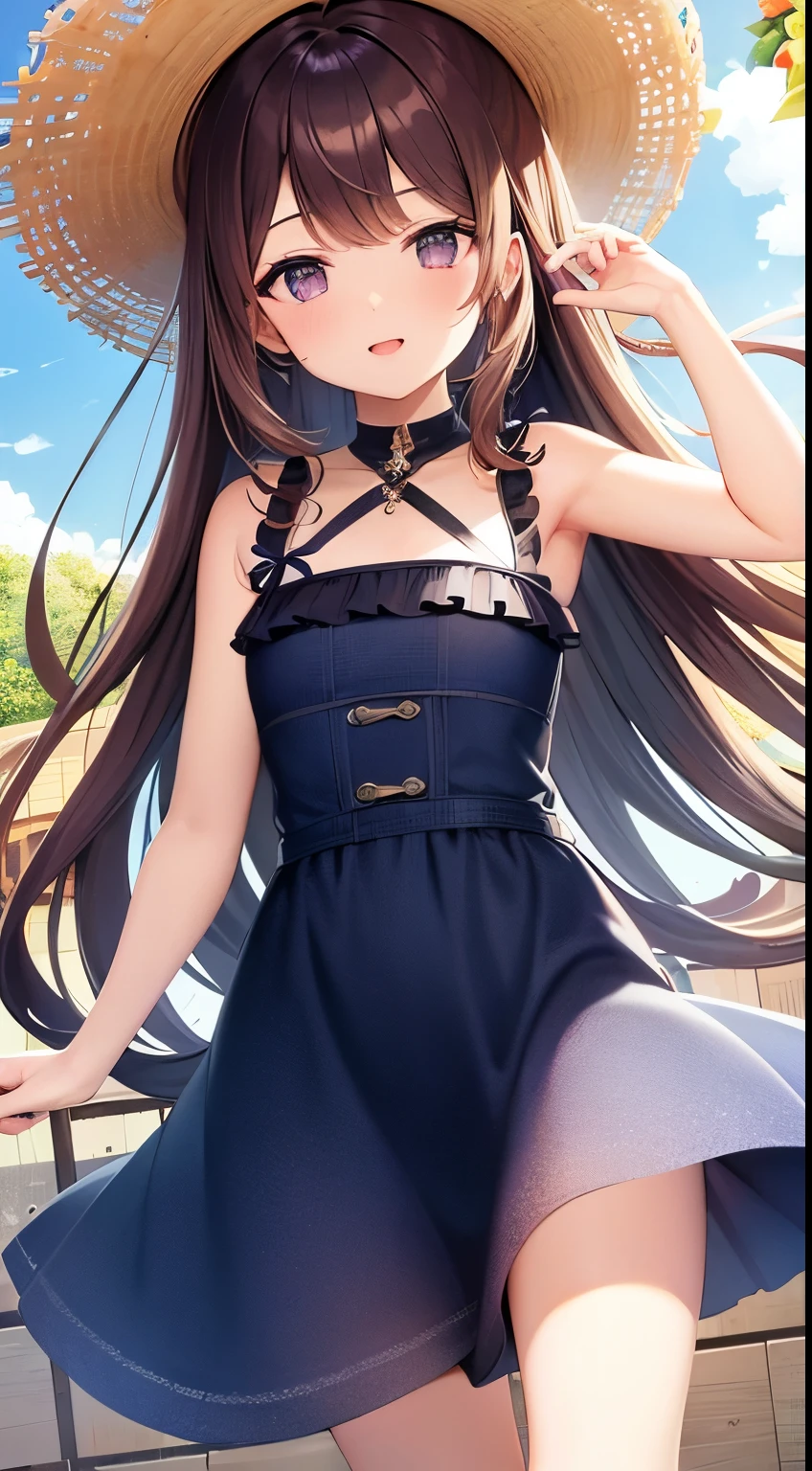 ((Obra maestra)), ((La mejor calidad)), (Ultra detallado), ((kawaii)), Cuvely), ((sexy)), (era), ((extremadamente detallado)), 4k, (8k), La mejor calidad, (Beautiful), Anime style, Dynamic Angle, Parte superior del cuerpo, brazos plegables, De color, Enfoque de cuerpo completo, Girasol, Beautiful sky, verano, una chica linda, 1girl, solamente, Vestido de una sola pieza, Beautiful light brown hair, Beautiful purple eyeeautiful eyes)), piel blanca, Cabello largo, pecho grande, Sombrero de paja, Cinta para el pelo en forma de herradura, collar, sonrisa ligera, sonrojarse, Destello de lente, Efecto viento