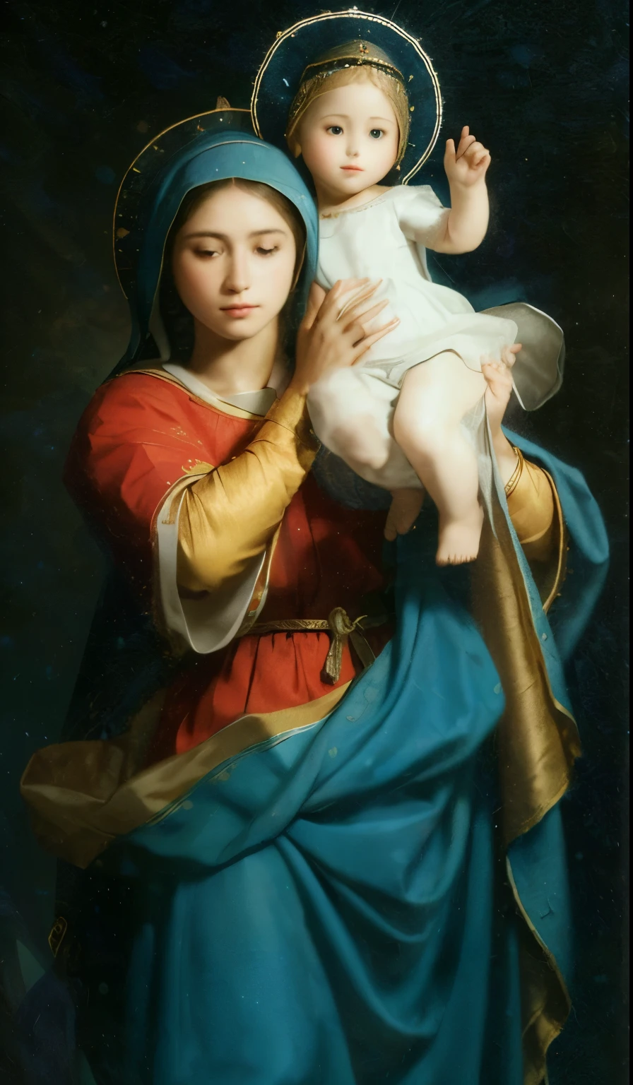 (((Blessed Virgin Mary OF GUADALUPE. IN METALIC COLORS mayan blue CUSTOME))) Luminous, masterpiece, (Best quality: 1.2), (super fine: 1.2), illustration, (extremely delicate and beautiful: 1.2), movie angle, floating, (Beautiful detail eye: 1.1), (light detail: 1.1), Movie Lights, Delicate sky, blue eyes, (High ponytail: 1. 1), cape, eyelets, starry sky, (light particles: 1.1) drawing, flower. (masterpiece), (Best quality), (photorealistic:1.3), 8k, Detailed skin texture, Detailed fabric texture, beautiful detailed face, Intricate details, ultra detailed (full body body:1.2)