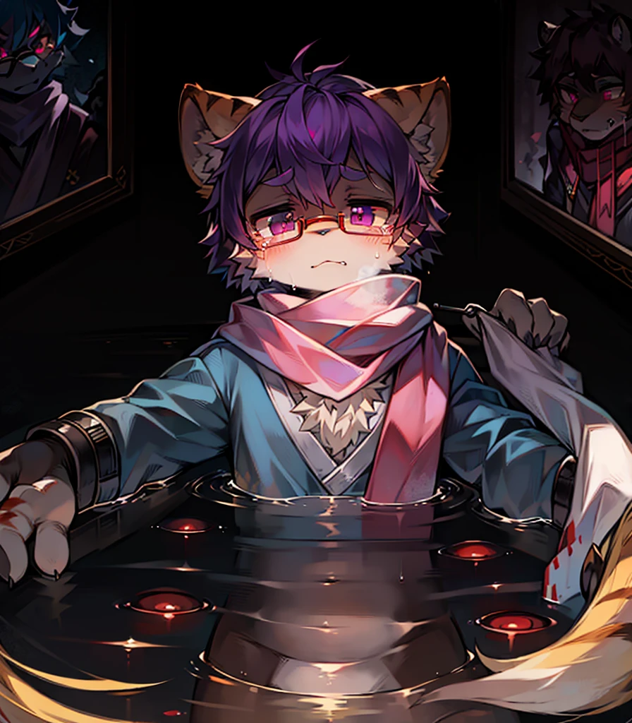 Best quality, 细腻的画ventania, Delicate hook lines, tmasterpiece, delicate skin, Delicate hair, complete painting, tmasterpiece, delicate hand, Elaborate Eyes, Normal eyes, blue lion ears, shaggy, black frame round glasses, a purple eye, Purple colored hair, Tigertail, Purple stripes, Handsome, ((White scarf)), Lion tiger beast, 猫ventania格, Big cat, cyber punk personage, Red pupils、Mottled light and shadow, schoolboy、The eyes are bright、ventania, 城市, Blue fur ,Fell in a pool of blood、silently weeping sadness、Lying in a sea of blood