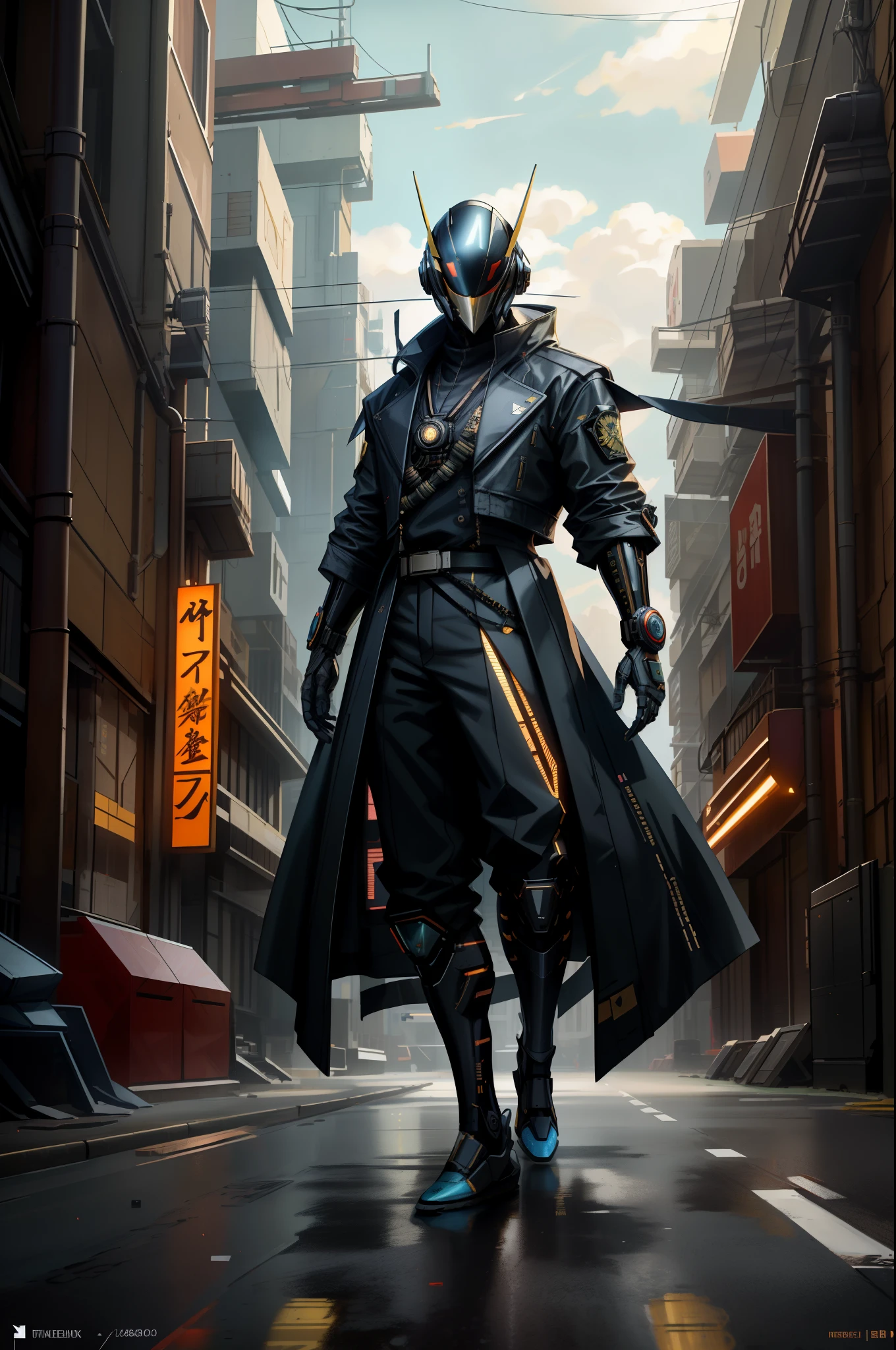 (masterpiece, full-body shot, intrincate raw photography)cyberpunk citizen in samurai pineapple pattern oversize black jacket, anime, rocketeer, daftpunk evil style helmet, blue neon light details, intrincate, futuristic,sharp, accurate focus, random pose, cyberpunk city, street neon lights, insta pic, photo of the year, cinema4d, dramatic, lights and shadows, natron, substance, maya, octane render, holding samurai