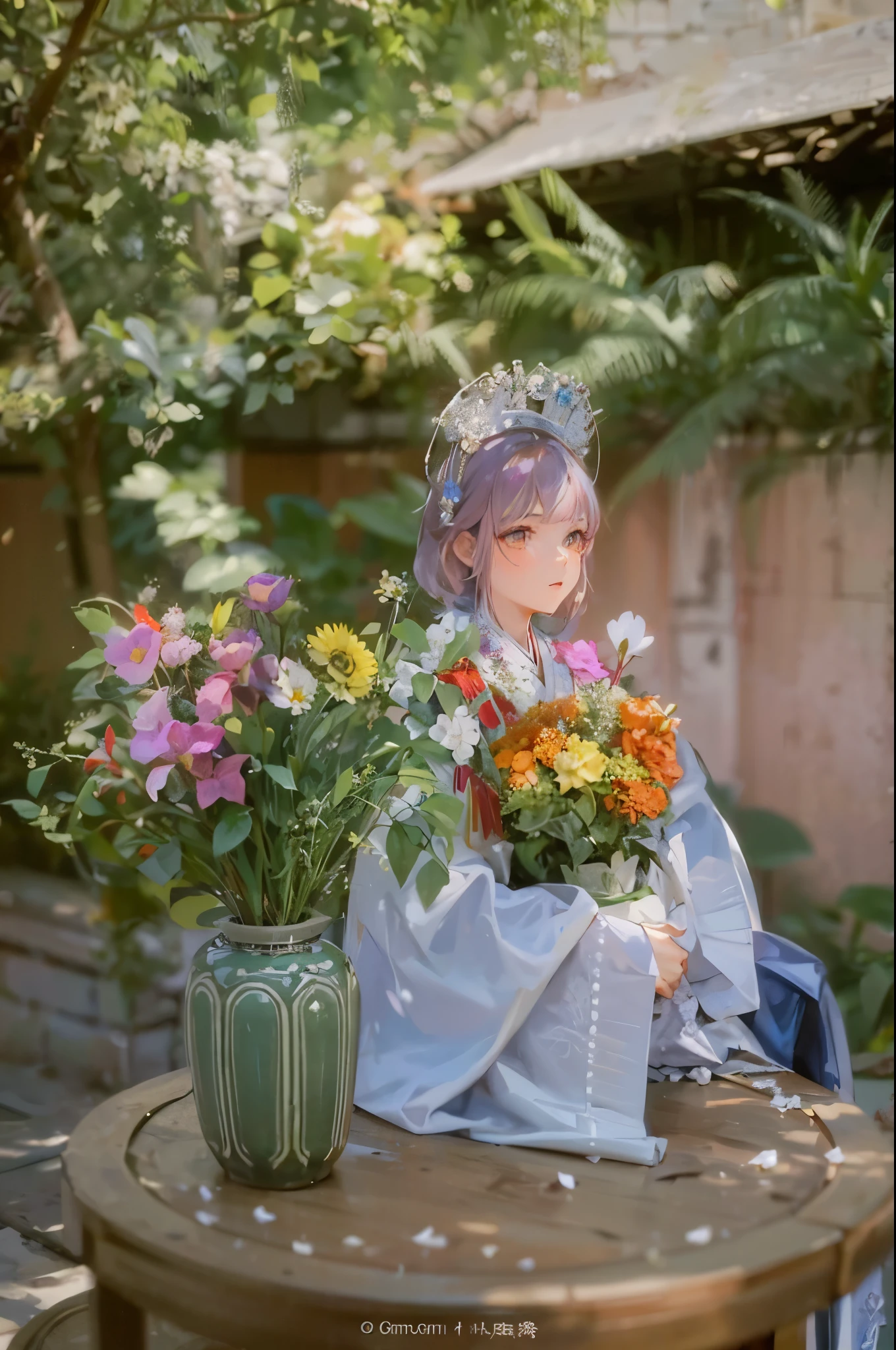 arafed woman in a white dress sitting on a table with flowers, palace , a girl in hanfu, flower queen, hanfu, white hanfu, ethereal flowerpunk, with flowers, flower goddess, with frozen flowers around her, she has a crown of flowers, queen of flowers, wearing ancient chinese clothes, she has a crown of dried flowers