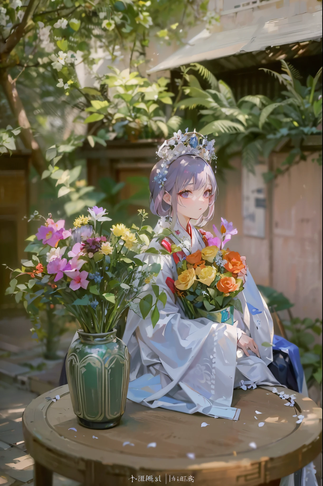 arafed woman in a white dress sitting on a table with flowers, palace , a girl in hanfu, flower queen, hanfu, white hanfu, ethereal flowerpunk, with flowers, flower goddess, with frozen flowers around her, she has a crown of flowers, queen of flowers, wearing ancient chinese clothes, she has a crown of dried flowers