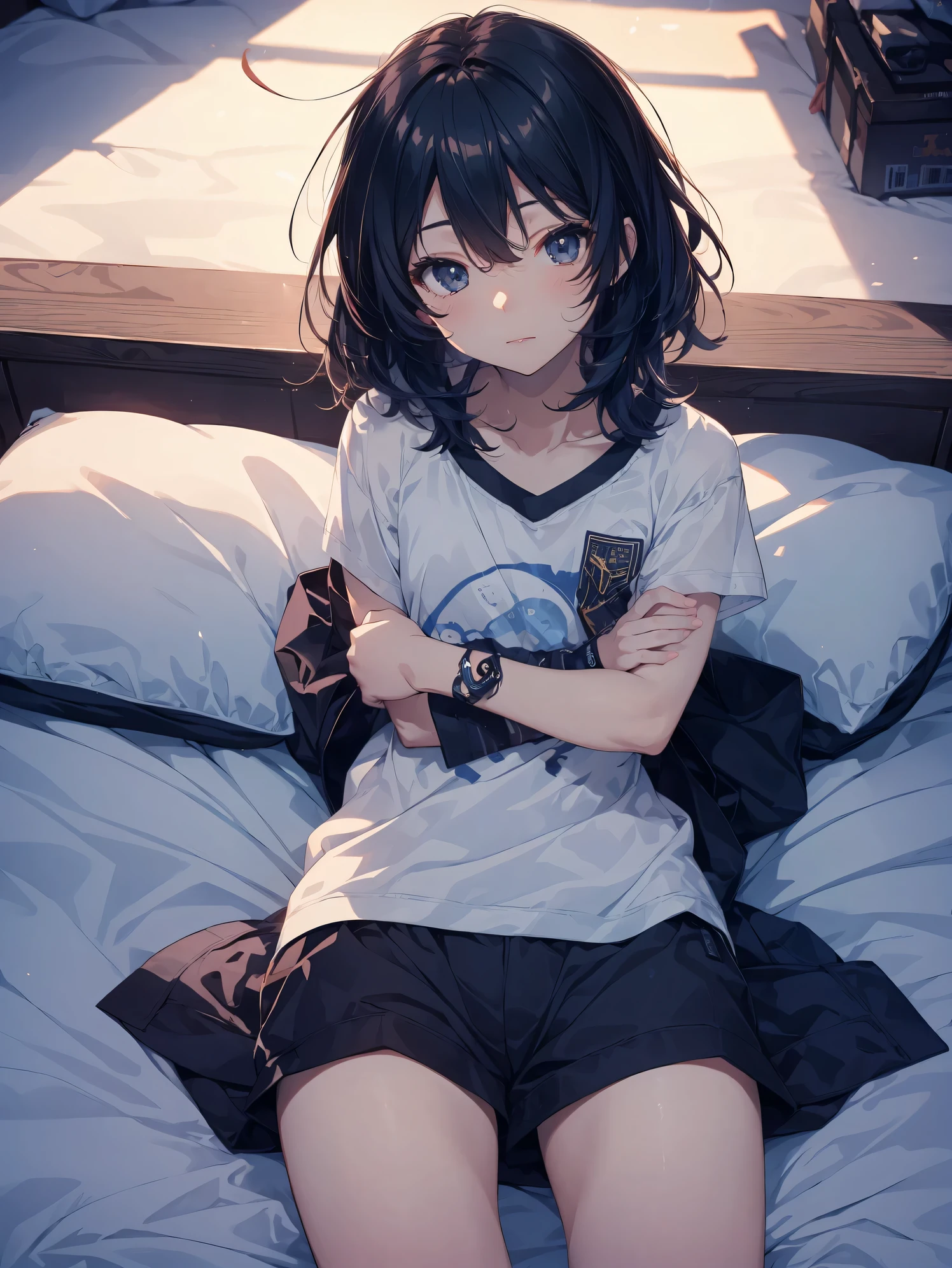 Super high quality by the art god, Ultra-detailed, High resolution, Gwise Style, anime moe art style, best anime 8K konachan wallpaper, Pixiv Contest Winner, Perfect Anatomy,BREAK,(Please draw a picture of a girl sitting sleepily on the bed. ),BREAK, a hyperrealistic schoolgirl, (Solo,Lori,,13yea:1.3),Full limbs, complete fingers,a junior gynous attraction, (Very short hair), hair messy, flat chest, Small butt, groin, Small eyes,Beautiful detailed black eyes, Well-proportioned iris and pupils, High resolution detailed hair, blush, Tank top, Short shorts, sitting on a bed, From above,BREAK,Ultra-detailed細なスキン,Shiny skin, Best lighting by famous artists, 8K, Cute illustration.