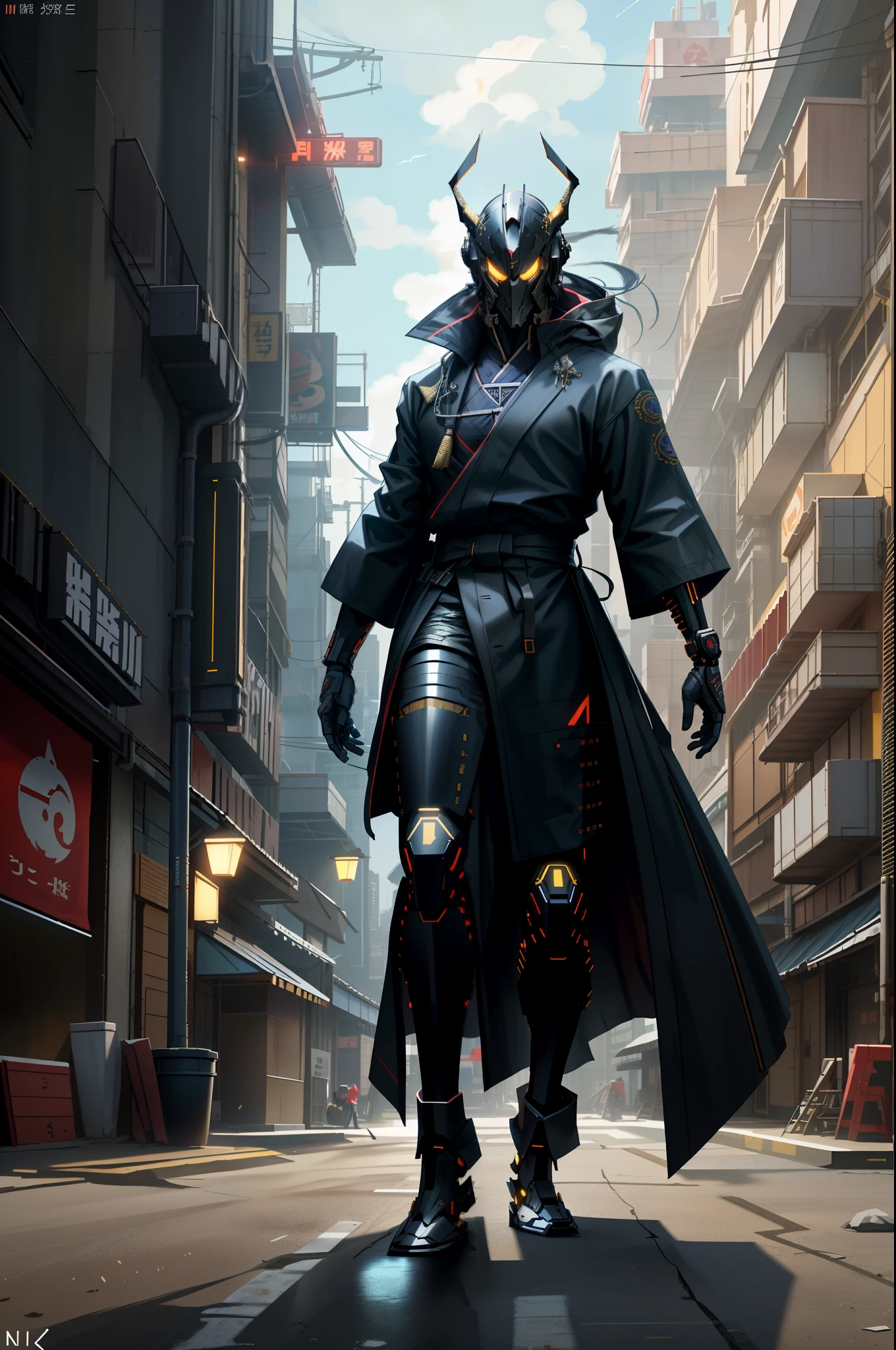 (masterpiece, full-body shot, intrincate raw photography)cyberpunk samurai in samurai pineapple pattern oversize black jacket, anime, rocketeer, Japanese demon mask evil style helmet, blue neon light details, intrincate, futuristic,sharp, accurate focus, random pose, cyberpunk city, street neon lights, insta pic, photo of the year, cinema4d, dramatic, lights and shadows, natron, substance, maya, octane render, holding samurai