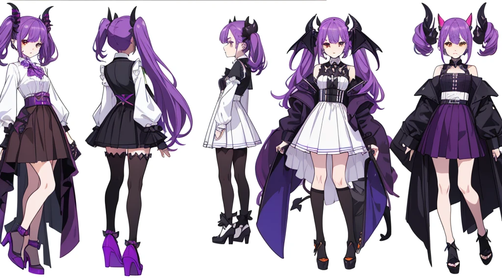 (((Best Quality))) , ((full body)), reference sheet, (white background), demon horns, succubus, mini skirt, violet outfit, ,Devil Wings，
 multiple views, white background, variety of hairstyles, variety of fashion styles, seductive pose, fashionable and trendy atmosphere,
blue, orange, green, violet, brown, white,