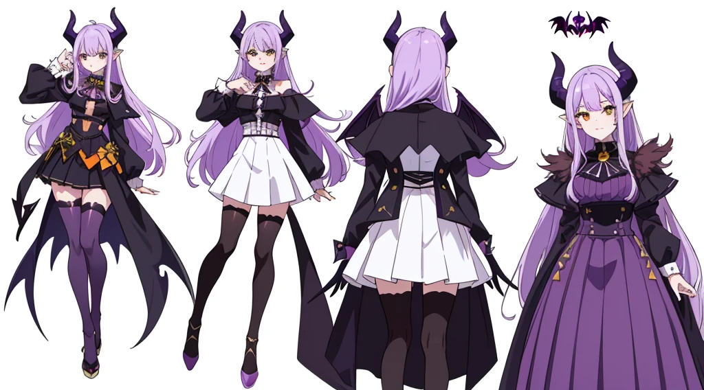 (((Best Quality))) , ((full body)), reference sheet, (white background), demon horns, succubus, mini skirt, violet outfit, ,Devil Wings,
multiple views, white background, variety of hairstyles, variety of fashion styles, seductive pose, fashionable and trendy atmosphere,
blue, orange, green, violet, brown, white,
