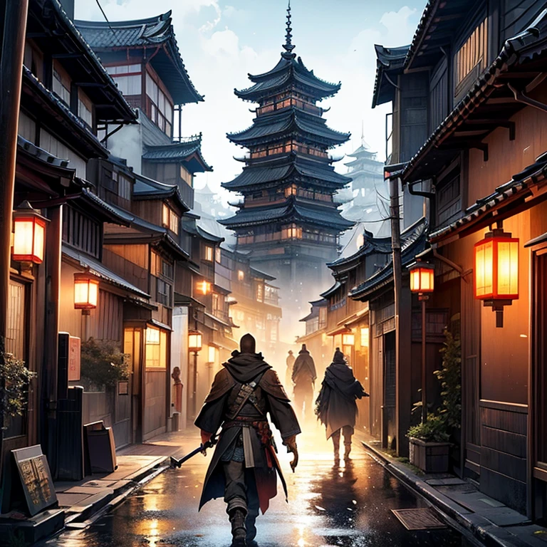 anime - style scene of a street with a man in a cloak, ghost of tsushima, traditional japanese concept art, dreamy chinese town, ancient chinese town, sekiro in bloodborne world, cyberpunk chinese temple, 4 k resolution concept art, chinese city, 4k concept art, 4 k concept art, feng zhu concept art, concept art stunning atmosphere
