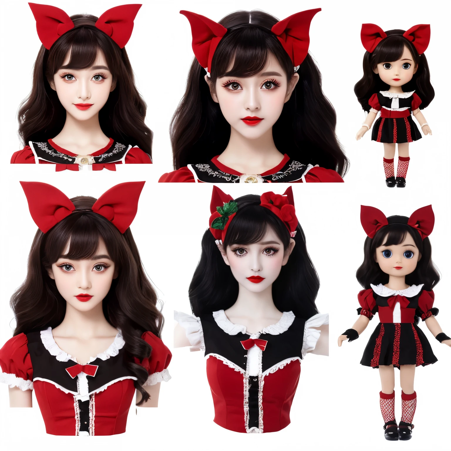 PromptCopy PromptMaste Piece: 1.6, Best Quality: 1.4, live footage: 1.2, Intricate details: 1.2, Graphicsournerv2: 1.2, 1lady full body character change, appearance: Doll Girl, Dolly, black color gothic ta dress, Vampire, Red colored eyes, Long Black Hair, Red lips, elf-ears, Doll Body, Delicate appearance, (single background, White background: 1.3), multiple views, multiple views of the same character with the same outfit: 1.3. ornamented