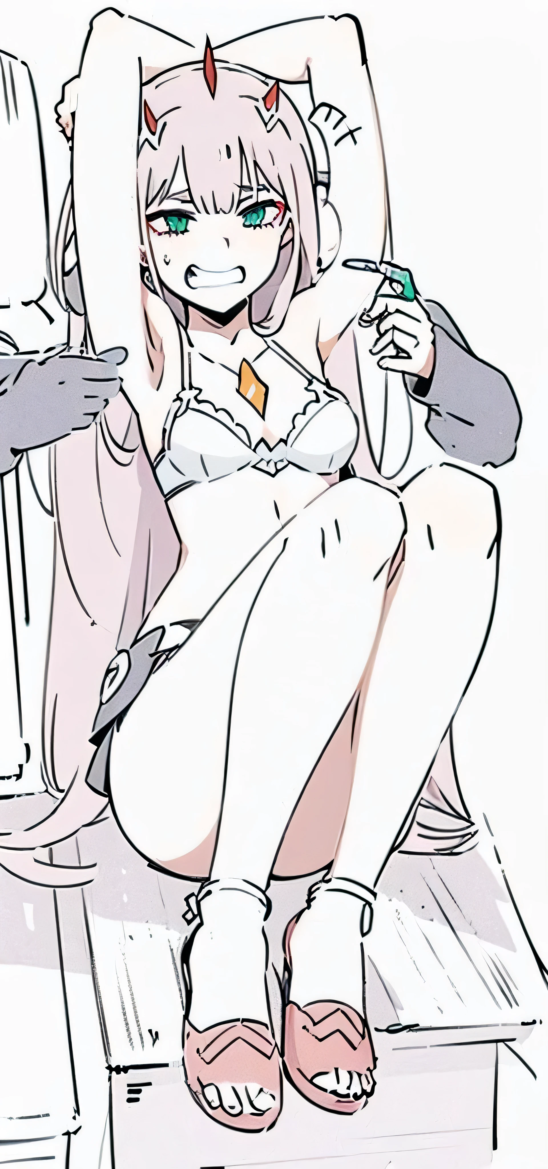 sitting, bra, tickling, laughing, resisting, hate it, Zero two, darling in the franxx, pink hair, horns, green eyes