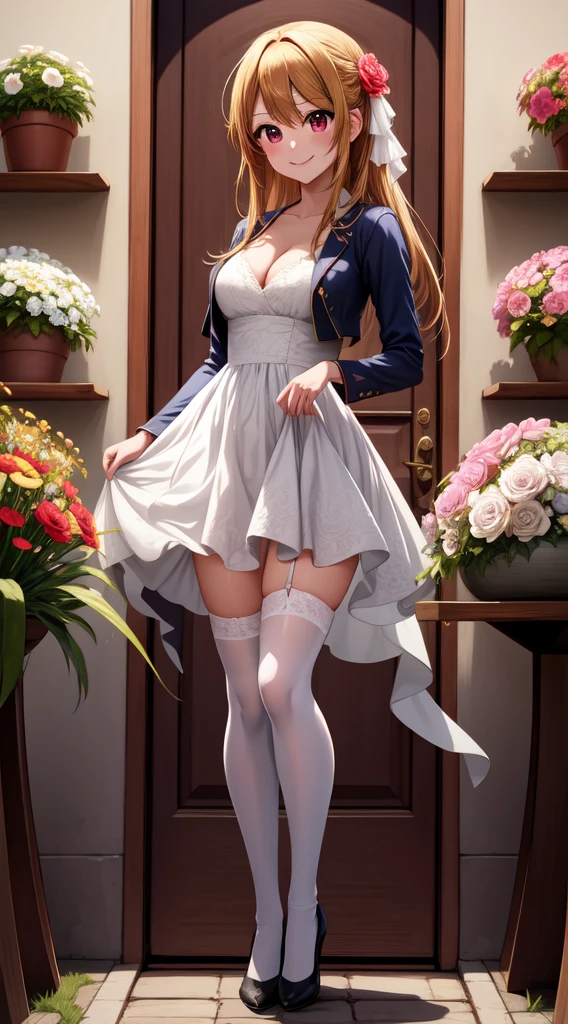 anime, beautiful face, highly detailed face, 2 accurate legs detailed eyes, highly detailed background, perfect lighting, accurate arms, accurate hands, accurate fingers, full body, 1girl, solo, ruby hoshino, oshi no ko, indoors, detailed heels, white detailed thighhighs, outdoor, ina garden of flowers, absurdres, high res, ultrasharp, 8K, masterpiece, looking at viewer, elegant pose, (full body:1.4), smiling with compassion, teasing smile, detailed dress, patterned wedding dress, cleavage, standing, holding a bouquet of flowers in one hand