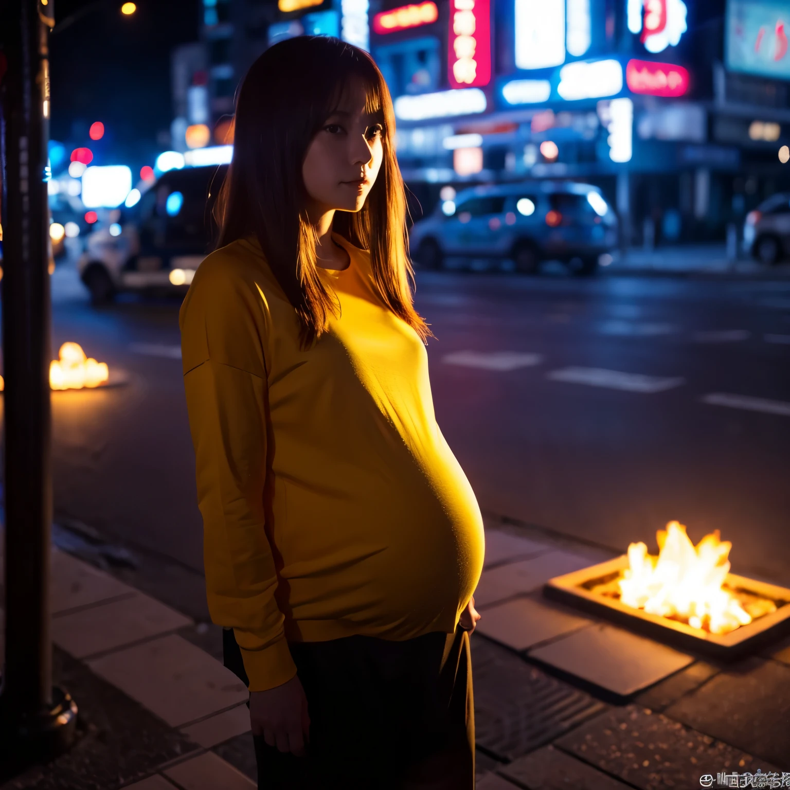 A pregnant 16-year-old Japanese girl's nude body only, bustling urban street scene, hyperrealistic,8k,4k, photorealistic, extremely detailed, highly detailed face, beautiful detailed eyes, beautiful detailed lips, extremely detailed skin and texture, chiaroscuro lighting, vibrant colors, dramatic lighting, cinematic composition, volumetric fog, atmospheric perspective, award winning photography, masterpiece, digital art, concept art, hyper realistic, ultra detailed