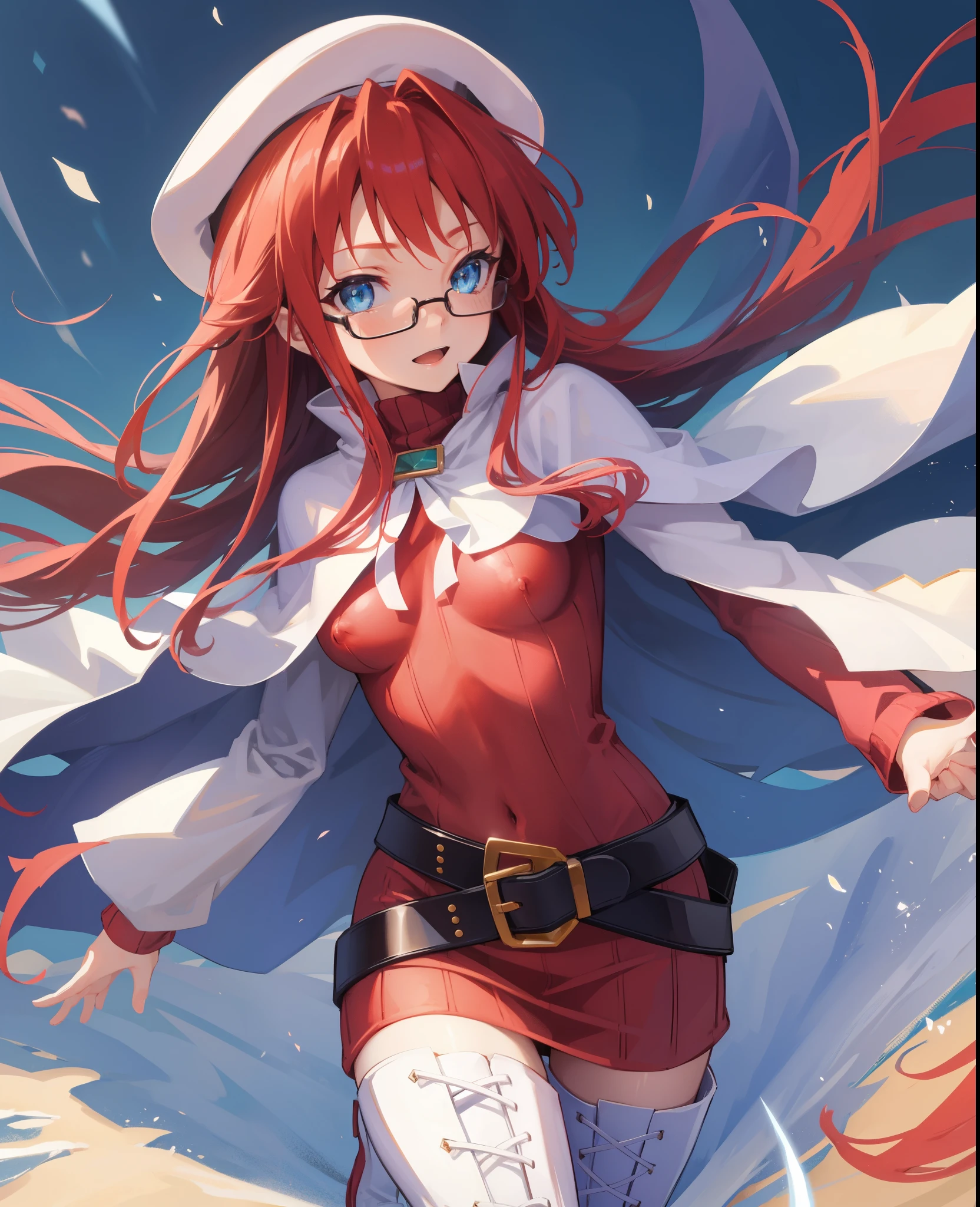 summonnightaty, aty, long hair, blue eyes, red hair, beret, hat, glasses,
BREAK long hair, thighhighs, hat, dress, boots, glasses, belt, cape, sweater, zettai ryouiki, beret, thigh boots, white footwear, ribbed sweater, loose belt,solo,
BREAK outdoors, fantasy_town,
BREAK (masterpiece:1.2), best quality, high resolution, unity 8k wallpaper, (illustration:0.8), (beautiful detailed eyes:1.6), extremely detailed face, perfect lighting, extremely detailed CG, (perfect hands, perfect anatomy),(covered_nipples:1.3),covered_navel,light_smile,dynamic_posing ,walking,(half_eyes:1.2),light_open_mouth,sword,armpit