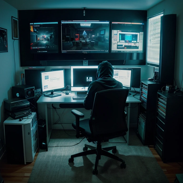 Hacker in his room. In front three big screen. On a table laptop, on the some files and some photos, maps etc, RGB lights in room,  hacker set on a chair like gaming chair phot takes from back side,