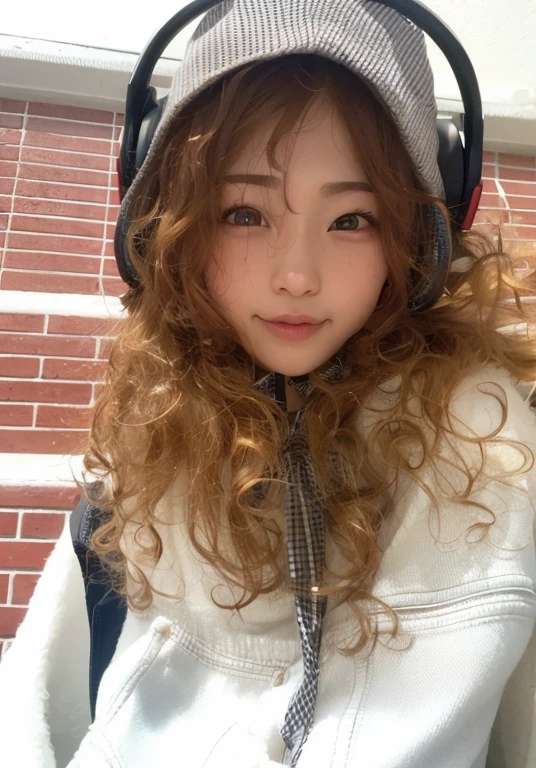 puffy woman with headphones and hat on her head, with long encaracolado hair, encaracolado bangs, with encaracolado red hair, encaracolado, encaracolado haired, O corte Hime, encaracolado hair, Rena Nounen Estilo 3/4, Kiyoko Suzuki, Chiho, Jaeyeon Nam, with a encaracolado perm, white encaracolado hair, messy encaracolado hair